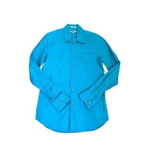 Express Mens Fitted Turquoise Button-Up Shirt S 14-14.5 Stretch Cotton Long Slee